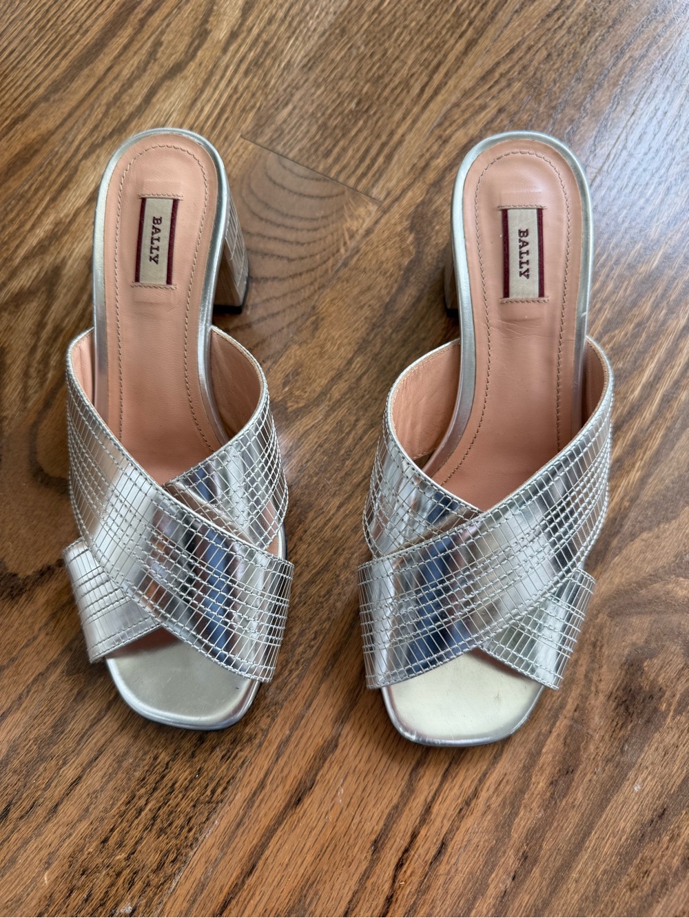Bally Metallic Silver Crisscross Mule Heels